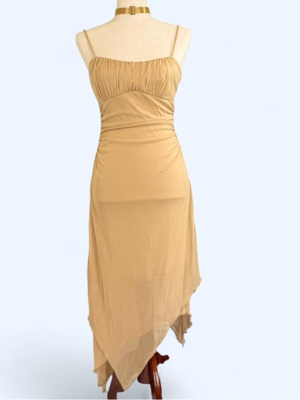 Vintage Y2K Ruby Rox Asymmetric Spaghetti-Strap Dress in Tan
